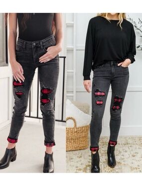 Judy Blue Buffalo Plaid Peek-A-Boo High Rise Skinny Jeans Charcoal Grey Black